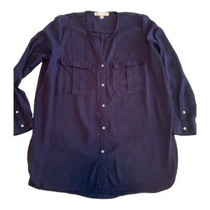 Larry Levine Womens Top Sz M Navy Blue Button Front Long Sleeve  Blouse